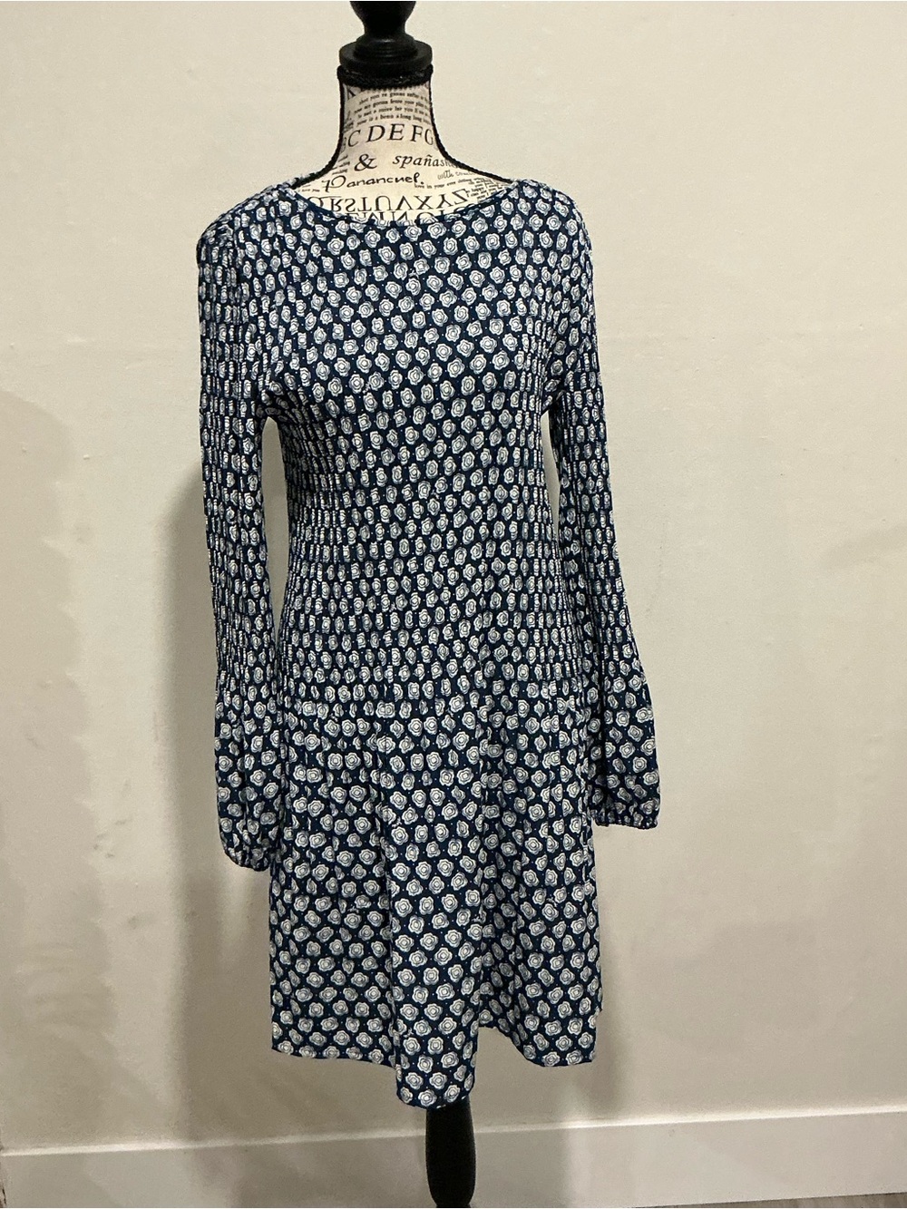 Maje Navy Blue Printed Long-Sleeve A-Line Dress
